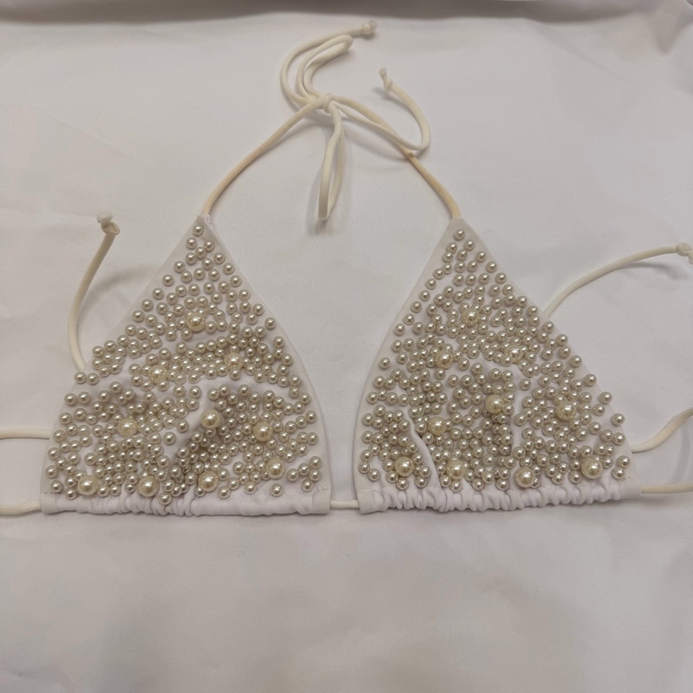 Pearl Embellished White Triangle Bikini Top